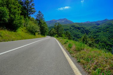 Yeşil orman ve mavi gökyüzü boyunca dağlara giden yol. Uzayı kopyala Ulaşım, seyahat, turizm, kamp, yürüyüş konsepti. Başarı, hareket konsepti  