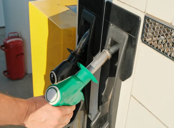 Man Hand Taking Gas Pump Nozzle Gas Station Close Gas — Stock Photo, Image