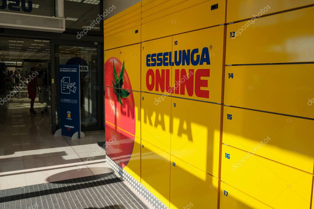 September 2020 Parma, Italy: Boxes of the supermarket for online-shopping Esselunga online