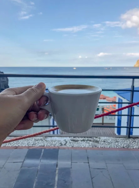 Cup Cappuccino Woman Hands Close Sea View Coffee Beach Vertical — Stock Photo, Image