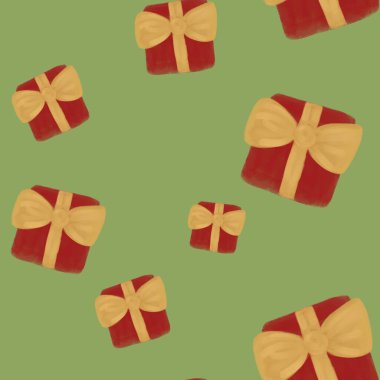 Kırmızı suluboya hediye kutuları, yeşil arka planda altın fiyonklar. Kusursuz bir Noel deseni. Doğum günü, yıldönümü, festival, tatil baskısı, ambalaj, duvar kağıdı tasarımı