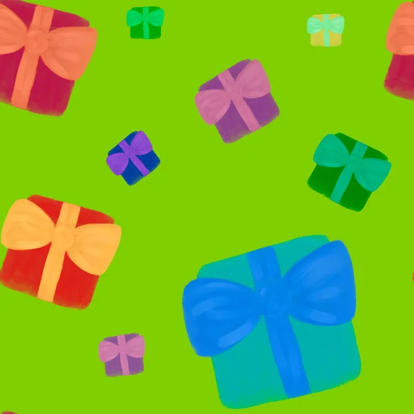 Aquarell Bunte Geschenkschachteln Mit Goldenen Schleifen Auf Neongrünem Hintergrund Weihnachten — Stockfoto