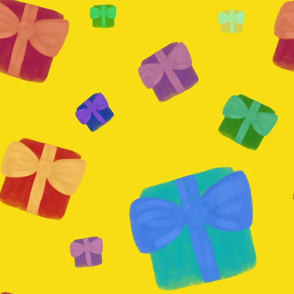 Aquarell Bunte Geschenkschachteln Mit Goldenen Schleifen Auf Gelbem Hintergrund Weihnachten — Stockfoto