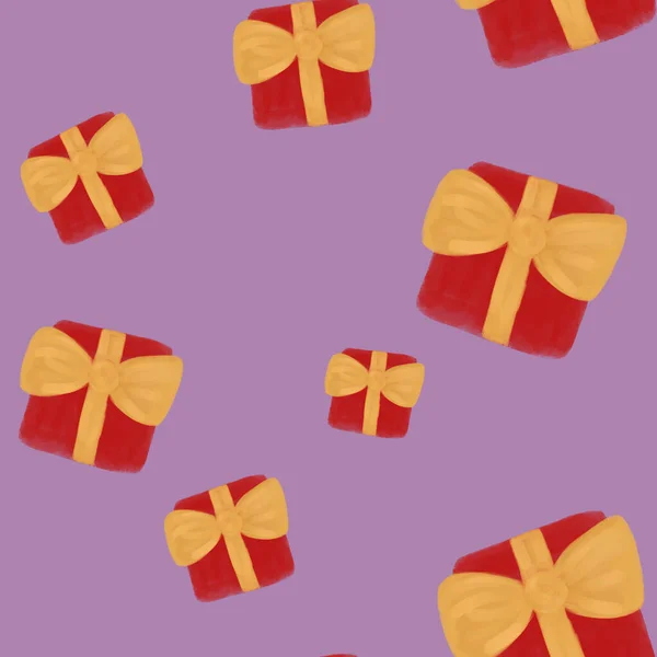 Akvarell Röda Presentförpackningar Med Gyllene Bågar Lila Bakgrund Julens Sömlösa — Stockfoto