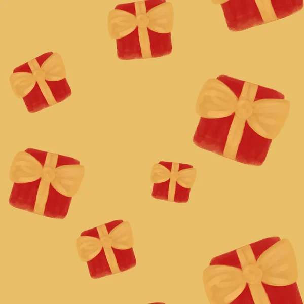Акварель Красный Подарочные Коробки Золотыми Луками Желтом Фоне Рождественский Бесшовный — стоковое фото