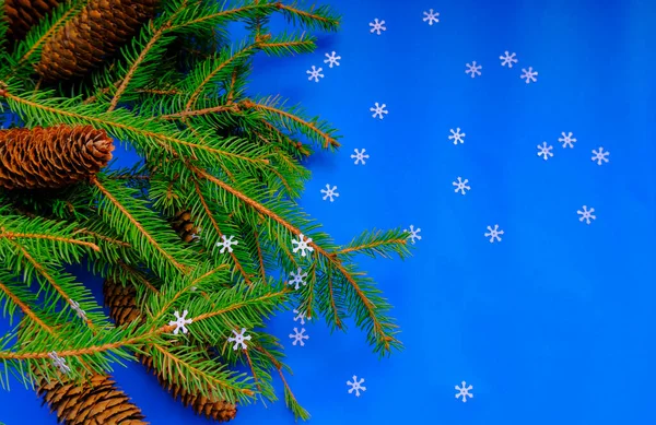 クリスマスツリー 松の実 青い背景の白い雪の結晶がクローズアップされます クリスマスの背景 ポストカード デザイン モックアップ スペースのコピー — ストック写真