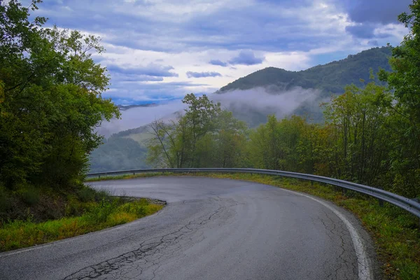 Sharp turn on the road in the mountains across green forest, fog, cloudy sky. Destination, success, trouble concept. Transportation infrastructure. Travel background
