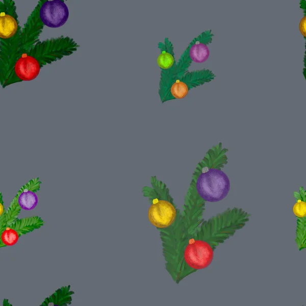 Weihnachtsbaumzweige Mit Bunten Kugeln Auf Grauem Hintergrund Nahtloses Muster Urlaub — Stockfoto