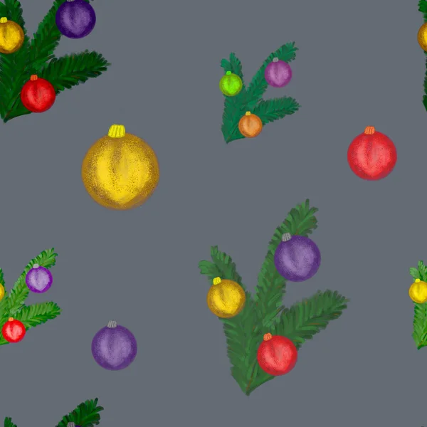 Aquarell Weihnachtsbaumzweige Mit Bunten Kugeln Auf Grauem Hintergrund Nahtloses Muster — Stockfoto