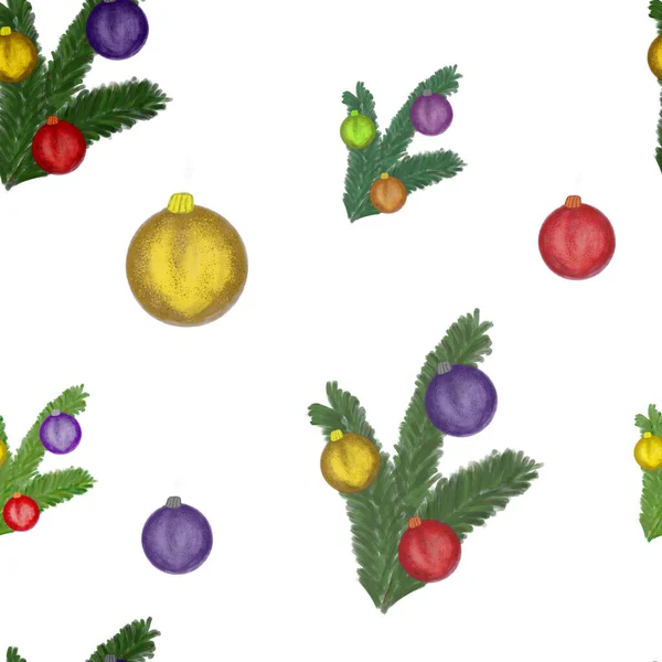 Beyaz Arka Planda Renkli Topları Olan Noel Ağacı Dalları Kusursuz — Stok fotoğraf