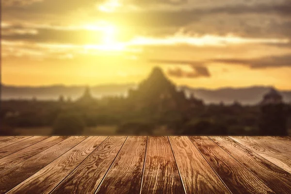 Houten Vloer Met Zonsondergang Landschap — Stockfoto