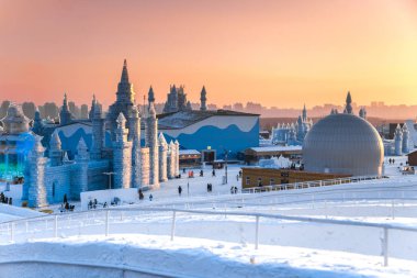 HARBIN, CHINA - JAN 2, 2019: Harbin International Ice and Snow Sculpture Festival is an annual winter festival that takes place in Harbin. It is the world largest ice and snow festival. clipart