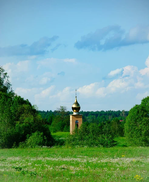 Ortodoks kilisesi açık gökyüzüne karşı yeşil ormanlar arasında. 