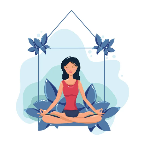 A woman meditates. Illustration of a concept for yoga, meditation, relaxation, recreation, and a healthy lifestyle. Vector illustration in cartoon style.