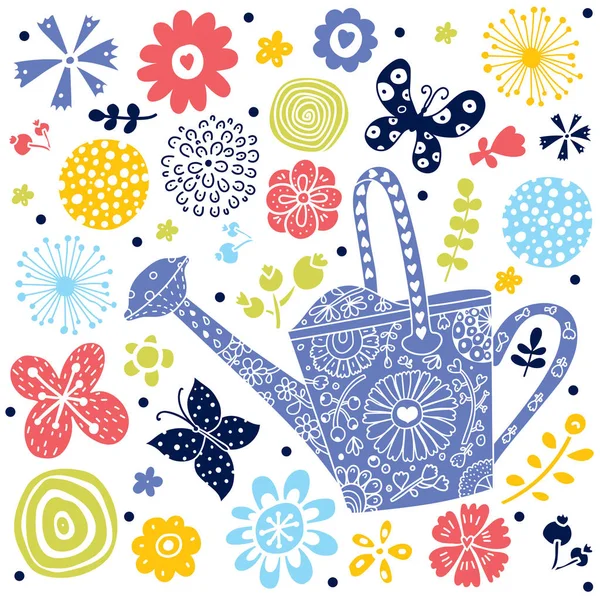 Garden Watering Can Flowers Butterflies Cute Postcard — Stock Vector