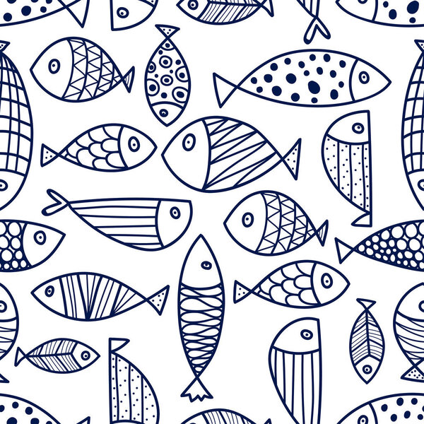 Blue fish. Vector seamless pattern.