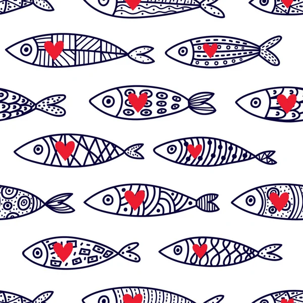 魚の愛好家 かわいいベクター線のシームレスなパターン 無限のパターンはセラミック タイル リノリウム Web ページの背景に使用できます — ストックベクタ