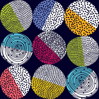 60'ların tarzında dekoratif soyut polka noktaları. Neşeli polka dot vektör seamless modeli. Tekstil, kağıt, arka plan, scrapbooking kullanılabilir.