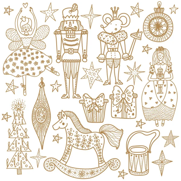 Nutcracker Gold Set Magic Vector Illustration — Stock Vector