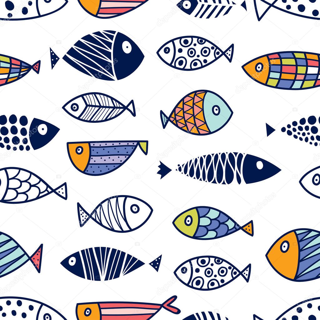 Line seamless pattern with cute fish. Sea background