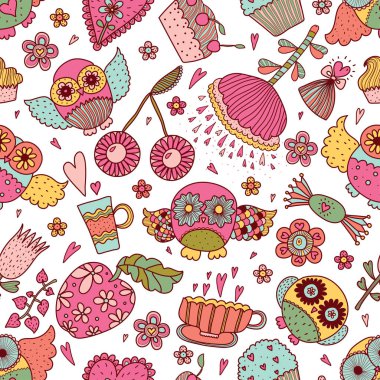 Baykuşlar vektör çizim ile şirin seamless modeli 