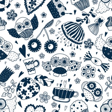 Baykuşlar vektör çizim ile şirin seamless modeli 