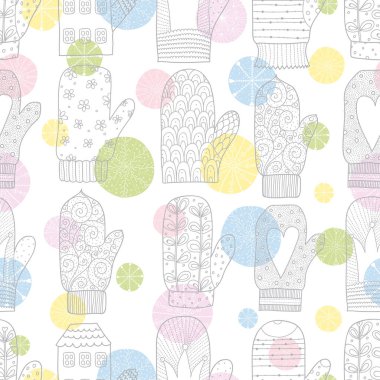 Şirin doodle mittens. Vektör kartpostal.