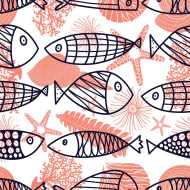 Satır balıklar. Balık ve mercan yosun ile vektör seamless modeli.