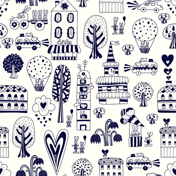 City of rabbits. Cute vector seamless pattern with bunnies. Wallpapers coloring pages for kids. Linear pattern.