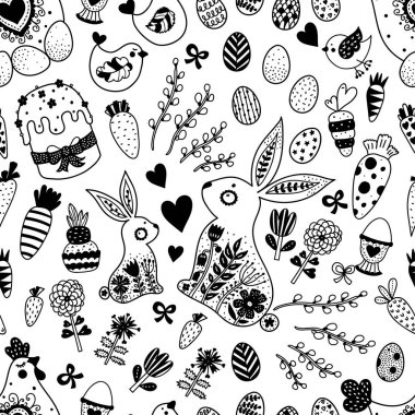 Paskalya tatili için hoş, kusursuz bir desen. Tavşanlar, kuşlar, tavuklar ve tavuklar, söğüt ve çiçekler. Duvar kağıdı, şablon dolguları, web sayfası arkaplanı, tekstil, kartpostallar için kullanılabilir.