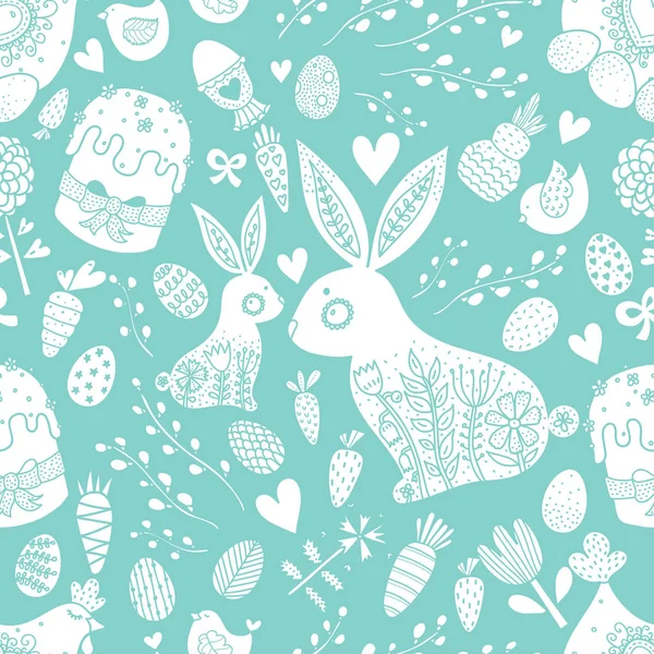 Cute Seamless Pattern Easter Holiday Rabbits Birds Hen Chickens Willow — Stock Vector