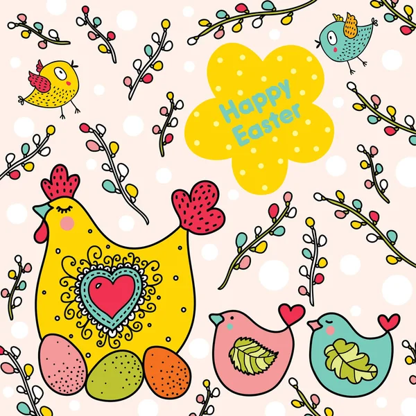 Симпатичный Бесшовный Рисунок Пасхальных Каникул Кролики Птицы Курицы Куры Ивы — стоковый вектор