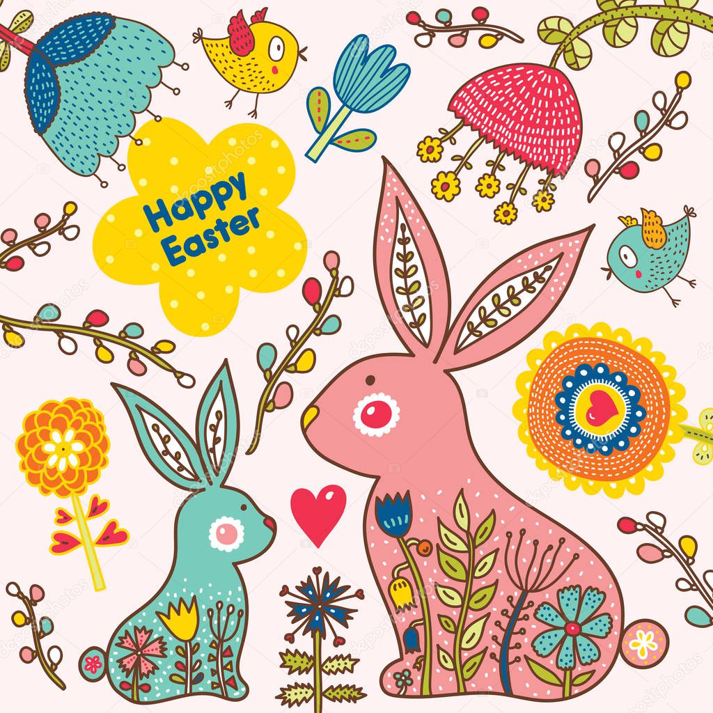 Cute seamless pattern for Easter holiday. Rabbits,birds, hen and  chickens, willow and flowers. Can be used for wallpaper, pattern fills, web page background,textile, postcards.