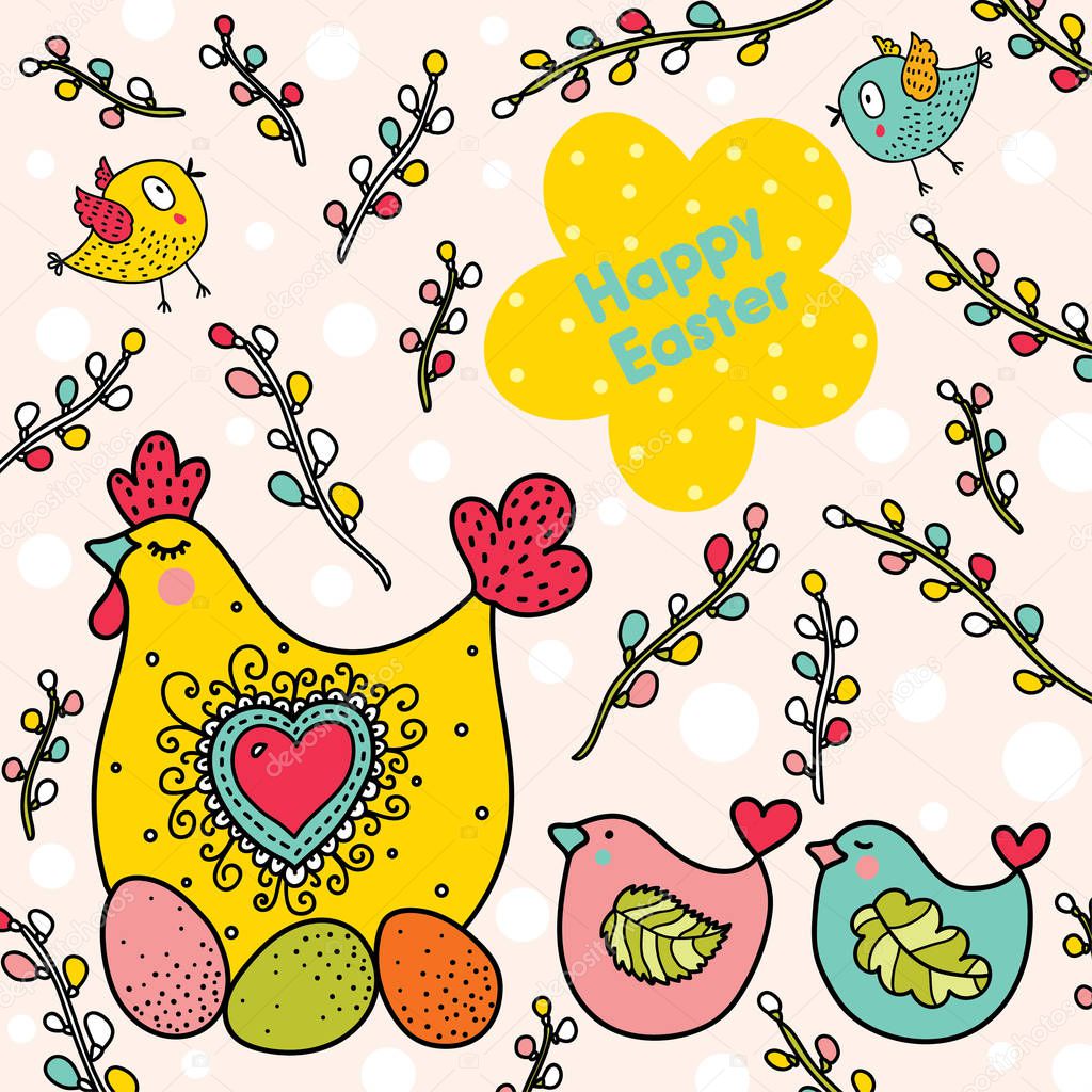 Cute seamless pattern for Easter holiday. Rabbits,birds, hen and  chickens, willow and flowers. Can be used for wallpaper, pattern fills, web page background,textile, postcards.