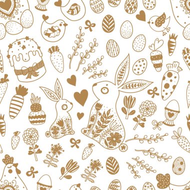 Paskalya tatili için hoş, kusursuz bir desen. Tavşanlar, kuşlar, tavuklar ve tavuklar, söğüt ve çiçekler. Duvar kağıdı, şablon dolguları, web sayfası arkaplanı, tekstil, kartpostallar için kullanılabilir.