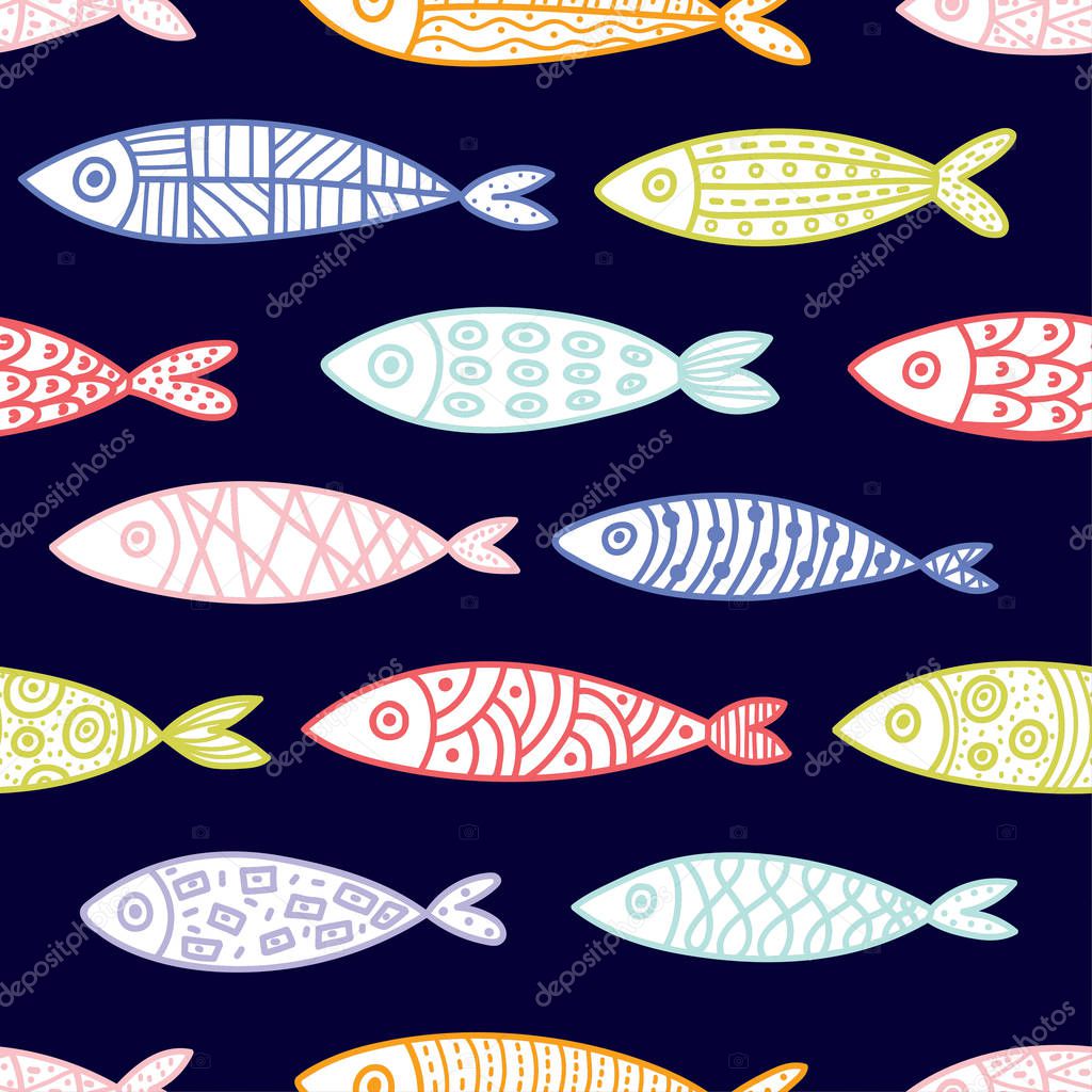 Fish. Cute vector line seamless pattern. Endless pattern can be used for ceramic tile, wallpaper, linoleum, textile, web page background.