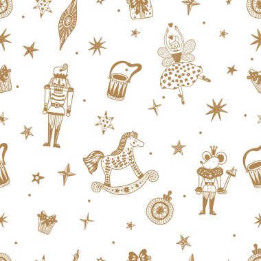 Altın Noel vektörü kusursuz fındıkkıran deseni. Duvar kağıdı, şablon dolguları, web sayfası arka planı, yüzey dokuları için pürüzsüz desen kullanılabilir.