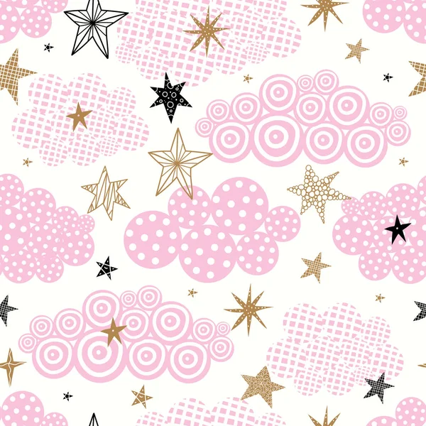 Gold Stars Pink Clouds Seamless Vector Pattern Seamless Pattern Can — Stock Vector