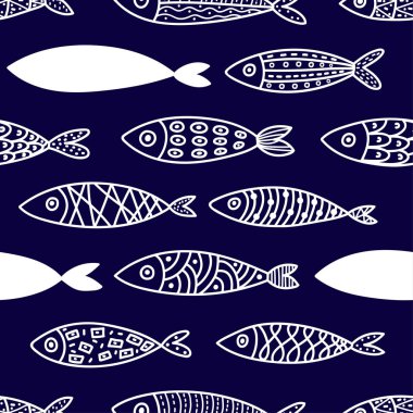 Line balık. Sevimli süs balığı ile dikişsiz desen. Deniz arka planı.