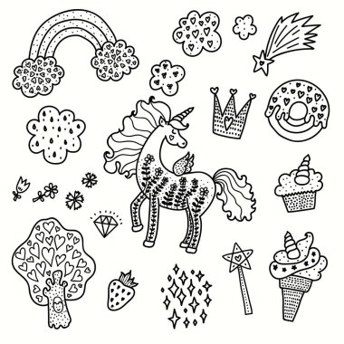 Sevimli büyülü tek boynuzlu atlar. Sihirli kusursuz desen. Tekstil endüstrisinde kullanılabilir, kağıt, arka plan, hurdacılık.