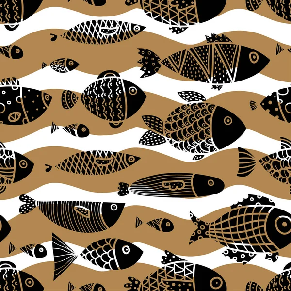 Linear decorative fishes wish gold  waves. Seamless pattern can be used for wallpaper, pattern fills, web page background, surface textures.