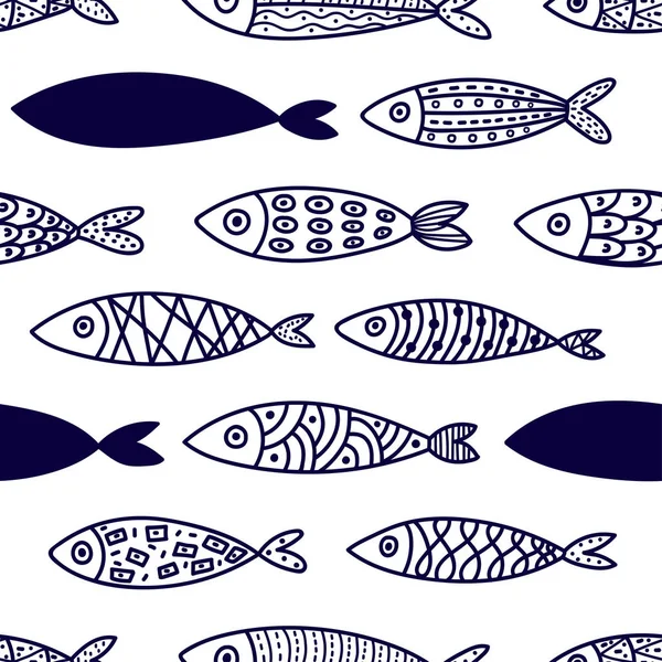 Linienfische Nahtloses Muster Mit Niedlichen Zierfischen Meereshintergrund — Stockvektor