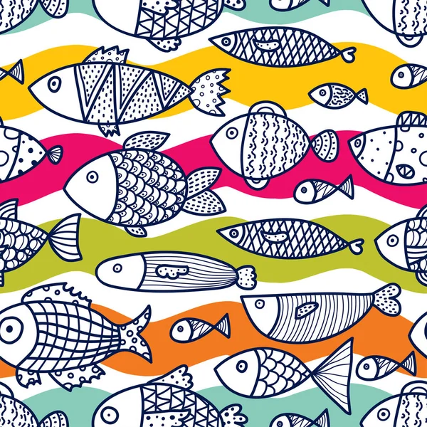 Linear decorative fish on a mint background and colorful waves. Seamless pattern can be used for wallpaper, pattern fills, web page background, surface textures.
