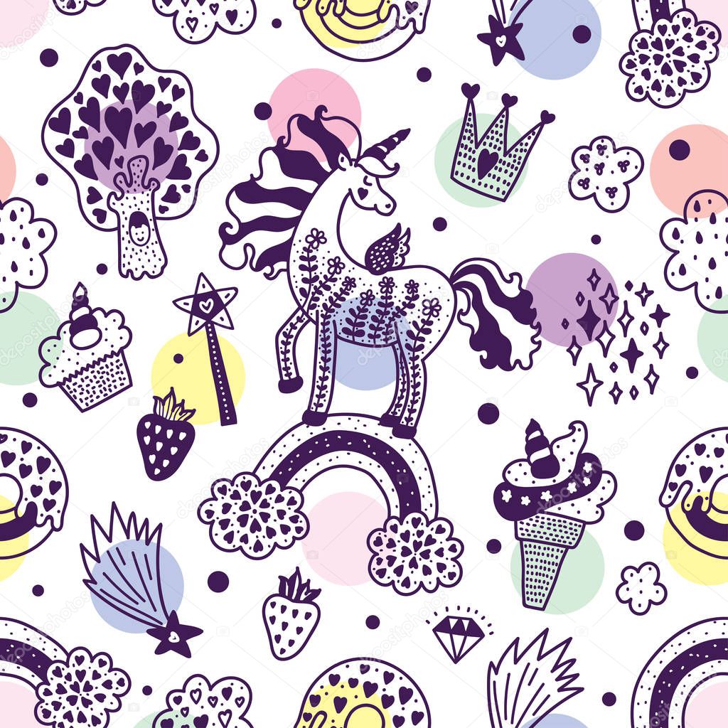 Cute magical unicorns. Magic seamless pattern.  Can be used in textile industry, paper, background, scrapbooking.