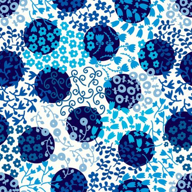 Sevimli çiçekler ve polka noktaları. Dikişsiz desen.