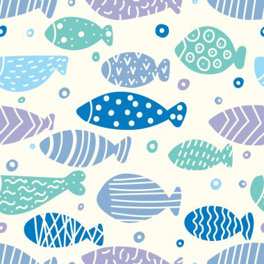 Şirin balık. Çocuk geçmişi. Kusursuz desen. Tekstil endüstrisinde, kağıt, arkaplanda, koleksiyon defterinde kullanılabilir.