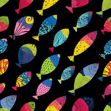 Trendy dikişsiz desen tasarımları. Sevimli balık. Vektör dikişsiz desen. Duvar kağıdı, tekstil, davetiye kartı, sarma, web sayfası arka plan için kullanılabilir.