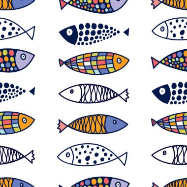Şirin balık. Çocuk geçmişi. Kusursuz desen. Tekstil endüstrisinde, kağıt, arkaplanda, koleksiyon defterinde kullanılabilir.