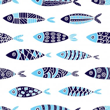 Şirin balık. Çocuk geçmişi. Kusursuz desen. Tekstil endüstrisinde, kağıt, arkaplanda, koleksiyon defterinde kullanılabilir.