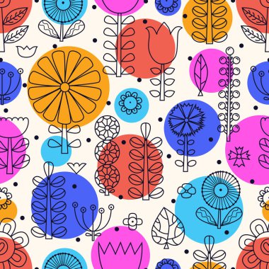 İskandinav tarzında doğrusal çiçekler. Yaz sebebi. Vektörsüz desen.